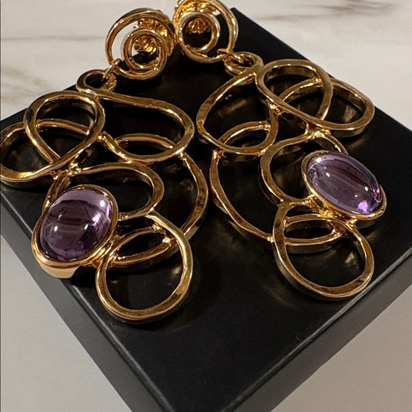 1993 Vtg Avon Faux Amethyst Gold Tone Brooch & Earrings Set Bold 90s Statement - Picture 5 of 16